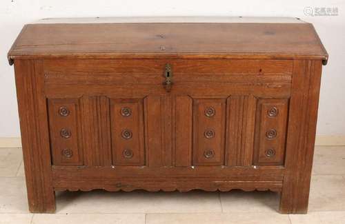 18th Century Dutch oak wood chest with saddle lid.