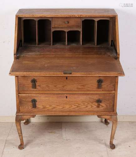 Antique English blank oak secretaire on high Queen Anne