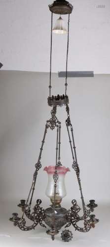 Antique pendant lamp with candle holders. Circa 1900.