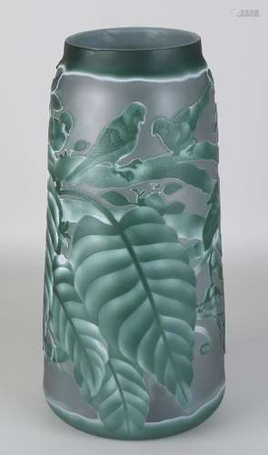 Large art nouveau-style glass vase with tropical birds