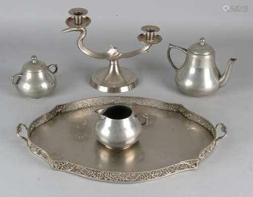 Five-piece old tin set. Pre-war with tray, cream set,