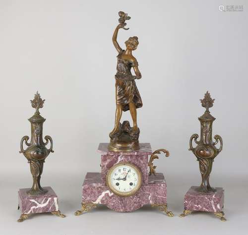 Three-piece antique French clock set with marble and