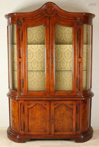 Two-piece burr walnut display case with curved glass