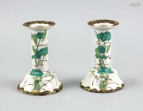 Two antique Japanese porcelain candle candlesticks with