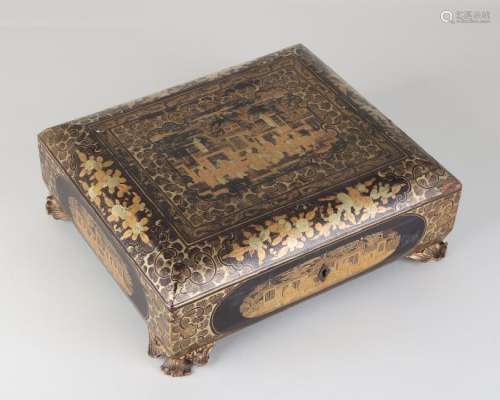Antique Japanese lacquer box with gold decor. Circa