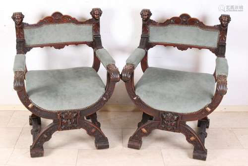 Two special 19th century walnut stabbed scissor chairs