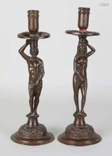 Two antique Renaissance bronze candlesticks. 19th
