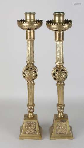 Two antique neo-Gothic bronze candle candlesticks. 19th