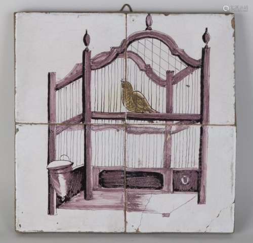 18th Century manganese 4-pass tile tableau. Birdcage.