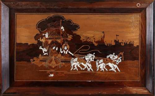 Oriental wooden tablet with intarsia. Figures show.