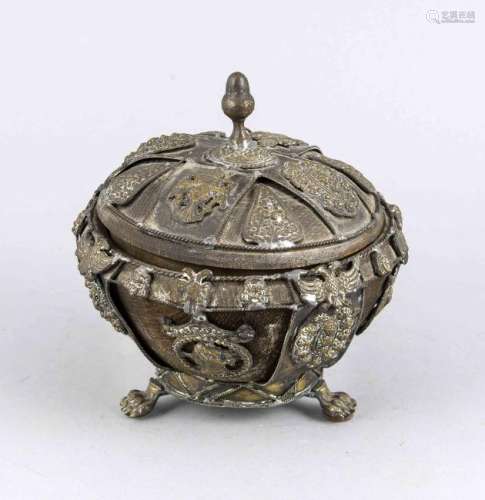 Old Oriental brass covered jar with medallions and