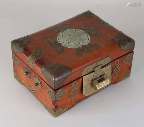 Old Japanese copper jewelry box with lock and jade