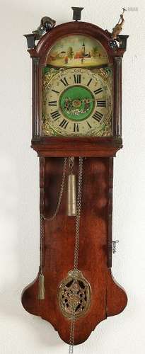 Antique oak Frisian tail clock with alarm clock. Circa