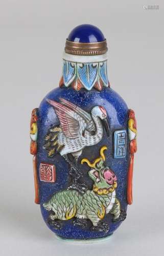 Old Chinese Peking glass snuffbottle with crane, fish,