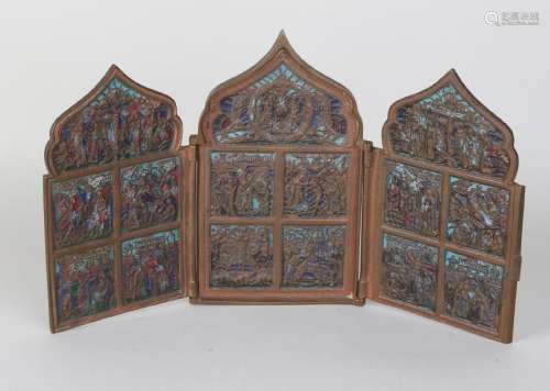 Antique Russian bronze cloisonne triptychon icon. Size: