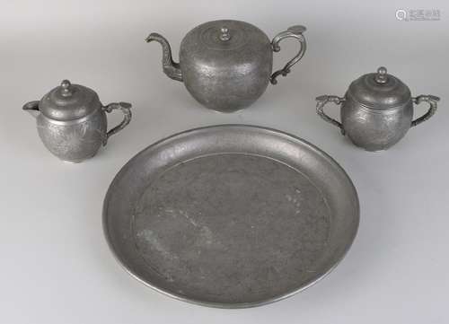 Antique Chinese pewter tea set. Soil brand. Pussy Hing