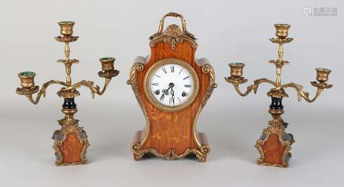 French walnut clock set with floral intarsia and bronze