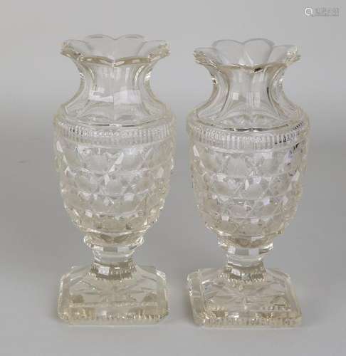 Two 19th century rhombus crystal vases. One damage to