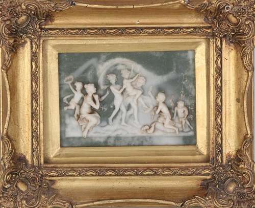 Marble plaque with figures. In wooden table. Size: 30 x