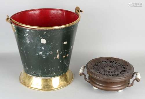 19th Century large brass bucket with polychromy