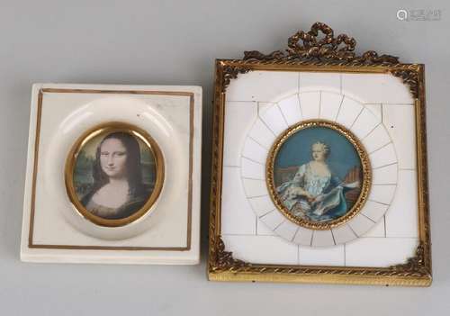 Two old miniatures. One reproduction Mona Lisa. Painted