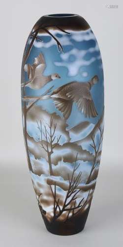 Large art nouveau-style glass vase with flying birds