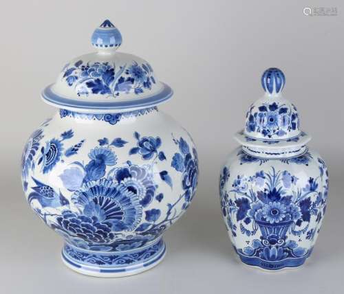 Two Delft blue Porceleyne Fles ceramic cover vases with
