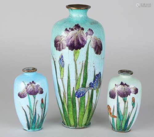 Three old / antique Jugendstil cloisonne vases with