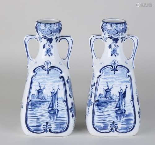 Two antique Jugendstil Delft decor porcelain vases with