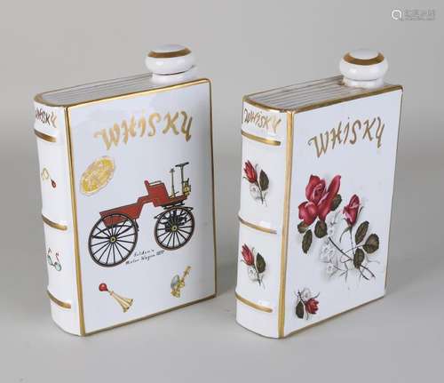 Two antique English porcelain whiskey flasks with