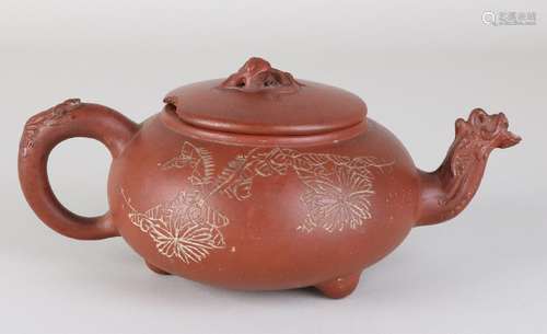 Antique Chinese Yixing teapot with writing, floral