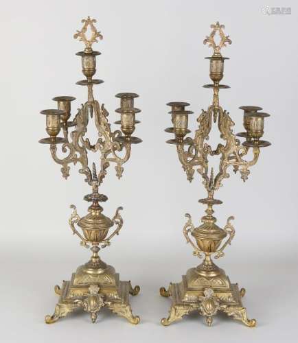 Two antique brass historism five-light candle