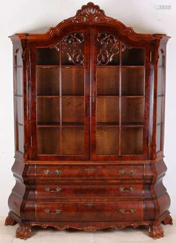 Dutch walnuts Baroque vitrine cupboard. Two-piece.