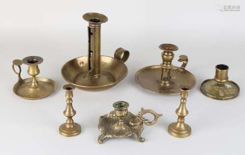 Lot of seven antique brass sconces / candlesticks. 18th