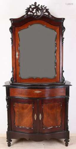 Dutch walnut bonheur cupboard with crest and mirror.