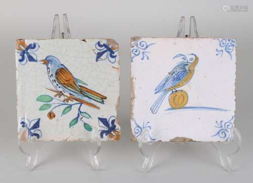 Two 17th century polychrome wall tiles with bird