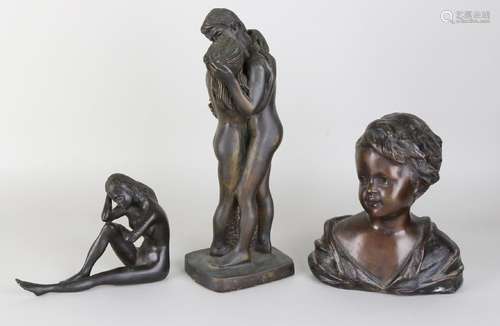 Three old bronze figures. One bust + twice nude