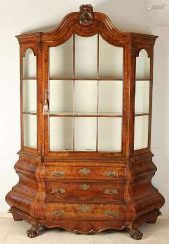 Two-piece Dutch walnut baroque-style porcelain cabinet