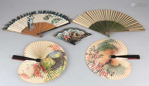 Five old fans. 20th century. Consisting of: Two