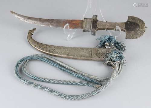 Old Moroccan dagger with cord. Plated decorated brass