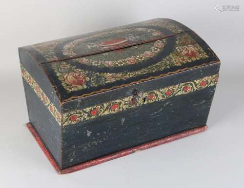 Antique hand-painted pine wood box with floral decors.