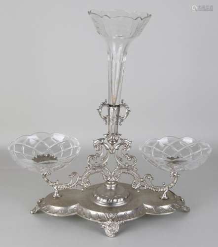 Large antique plated table piece with glass inserts.