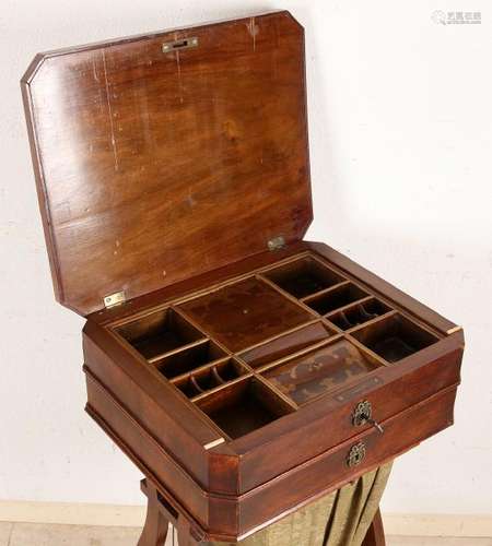 19th Century mahogany lyra sewing table with wool