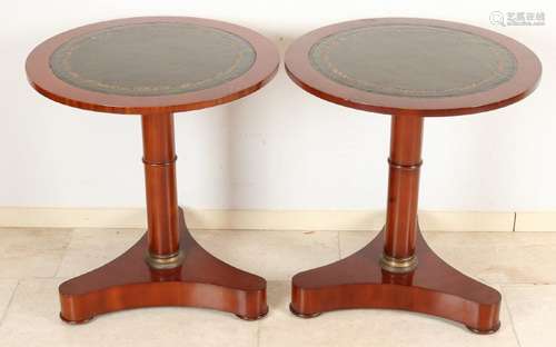 Two mahogany Empire-style tables with green leather