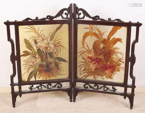 Antique stove screen with hand painted glass, floral