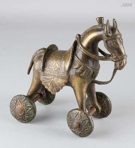 Antique Chinese bronze toy horse on wheels. 19th