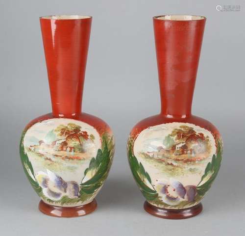 Two antique Opaline glass vases, partly hand painted.