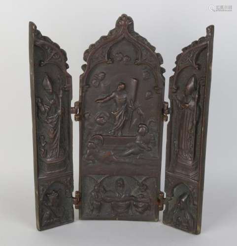 Large 19th century bronze triptych icon with saints.