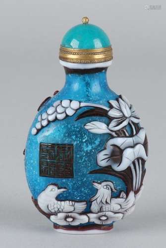 Old Chinese blue Peking glass snuffbottle. Marked and