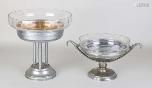 Two antique plated table bowls with crystal glass